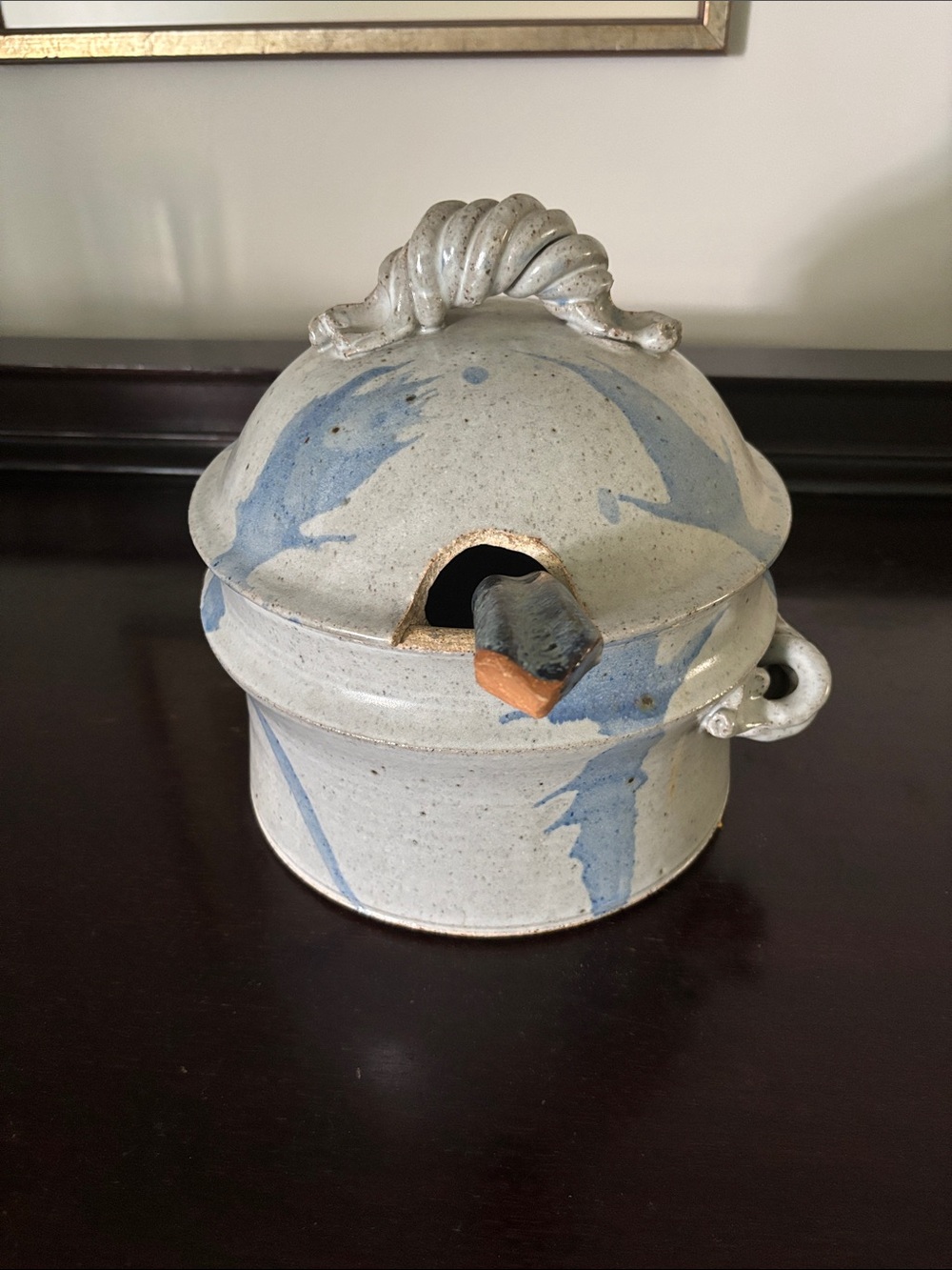 Handcrafted Vintage Signed Stoneware Lidded Pot,Ladle Brushstroke Accents
